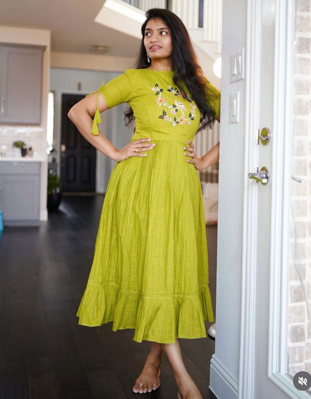 Lime Green Floral Embroidered Midi Dress