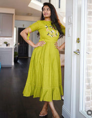 Lime Green Floral Embroidered Midi Dress