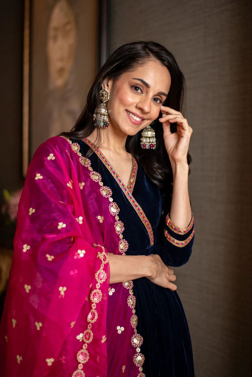 Royal Blue Velvet Angrakha Anarkali Set with Pink Dupatta