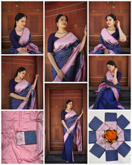 Navy Blue Banarasi Silk Saree with Pastel Pink Pallu