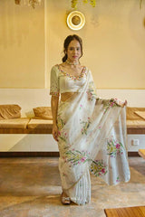 Ivory Floral Handpainted Organza Saree with Mirror Work Blouse