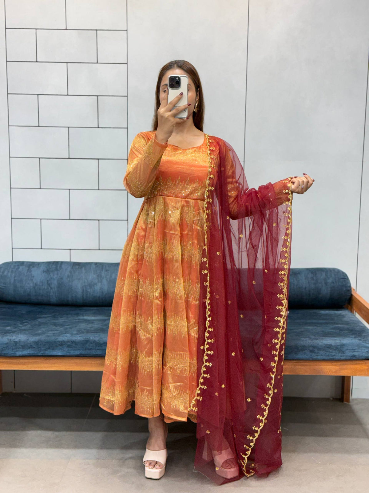 Orange Soft dual shade tissue With  Embroidered work Long Gown with Dupatta