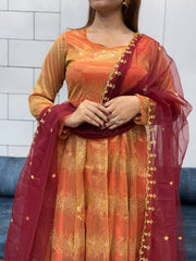 Orange Soft dual shade tissue With  Embroidered work Long Gown with Dupatta