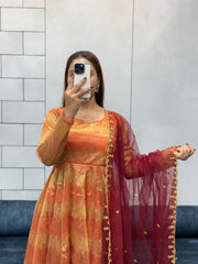 Orange Soft dual shade tissue With  Embroidered work Long Gown with Dupatta