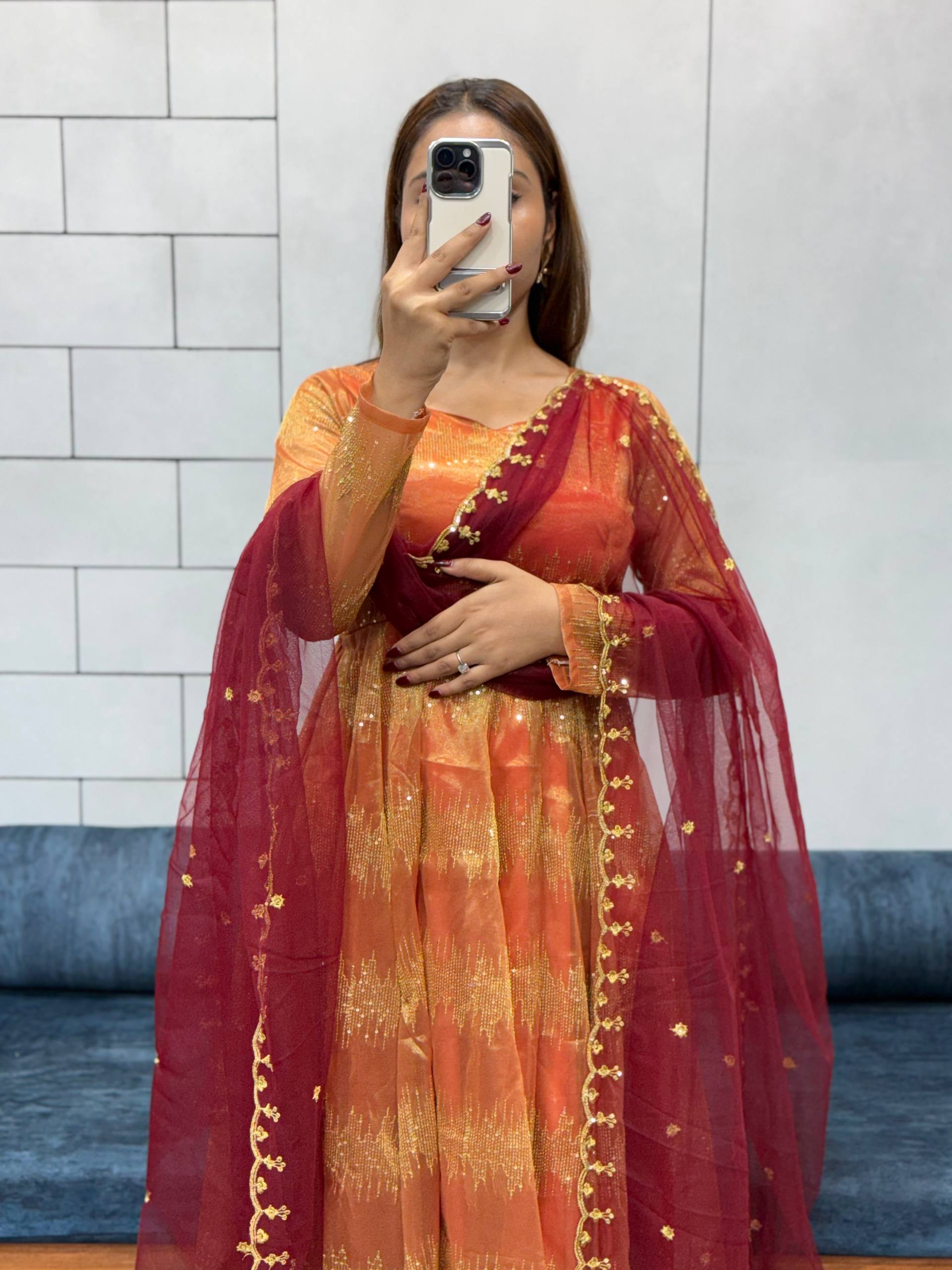 Orange Soft dual shade tissue With  Embroidered work Long Gown with Dupatta