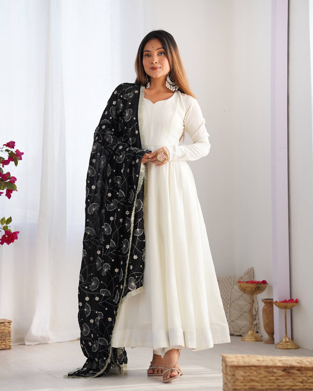 Elegant White Anarkali with Contrast Red Printed Dupatta