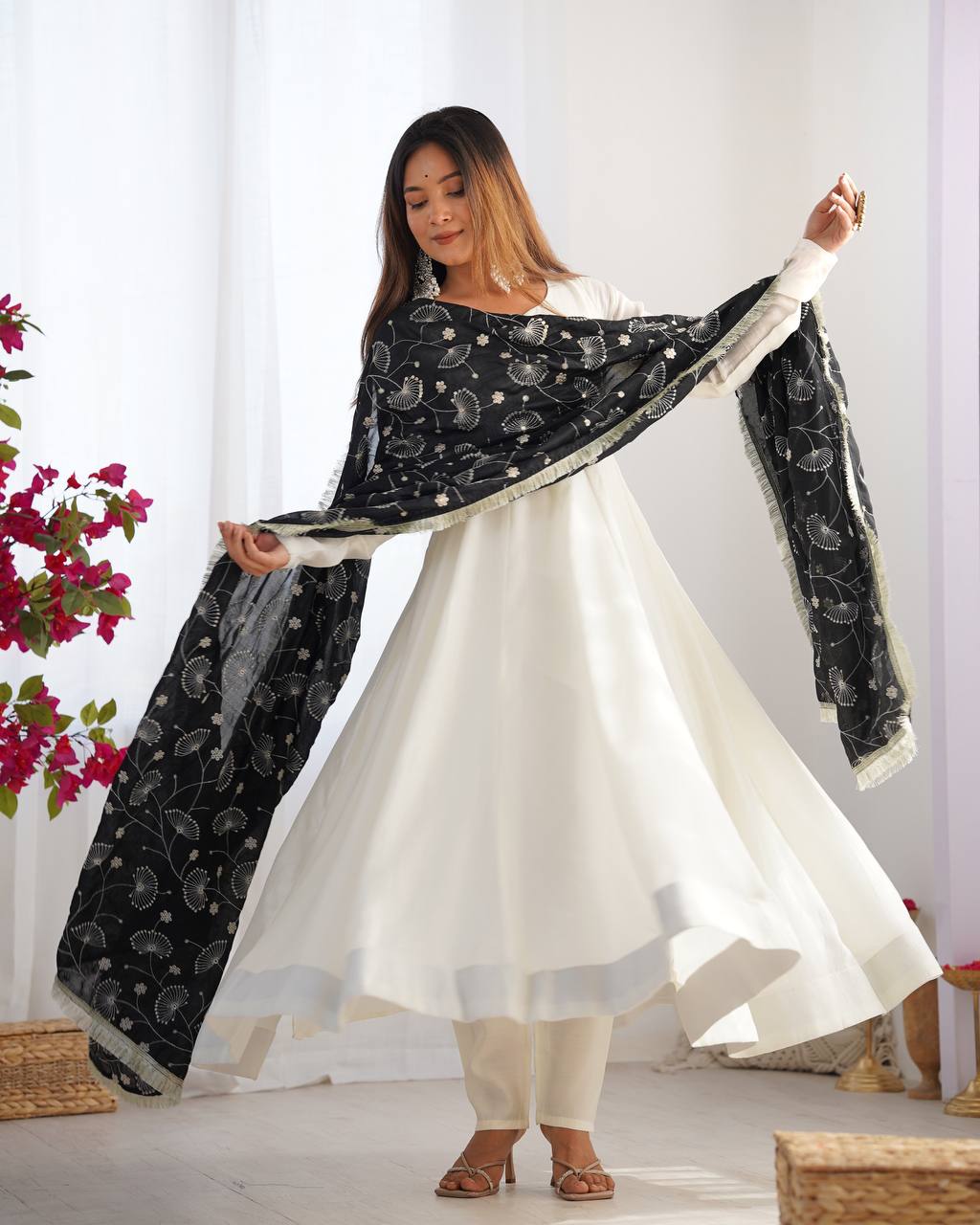 Elegant White Anarkali with Contrast Red Printed Dupatta
