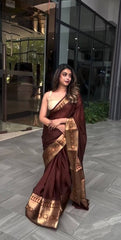 Elegant Brown Silk Saree with Golden Border