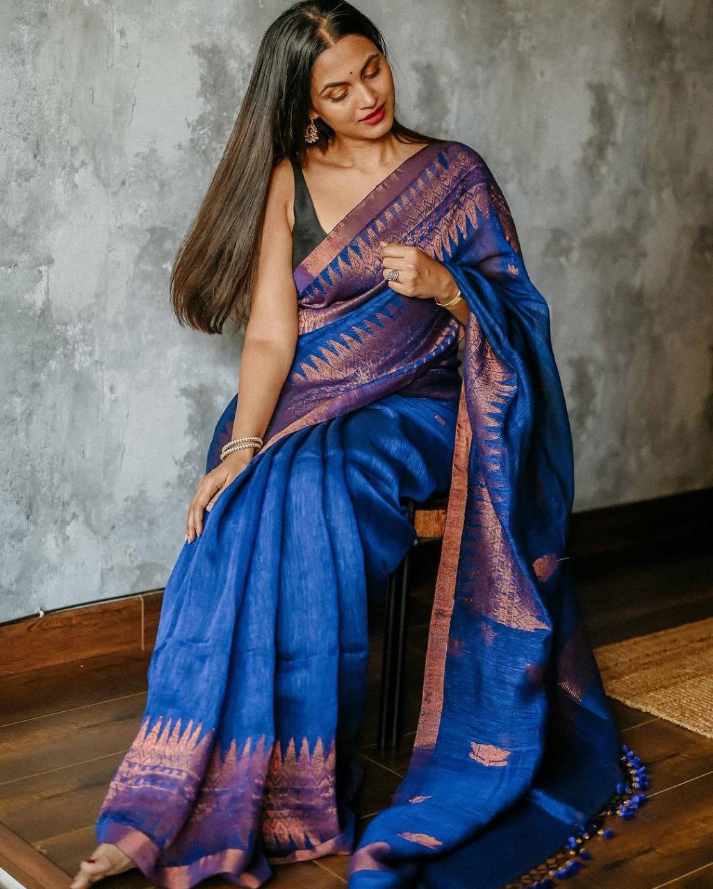 Royal Blue Soft Lilan Slab Saree with Copper Zari Border