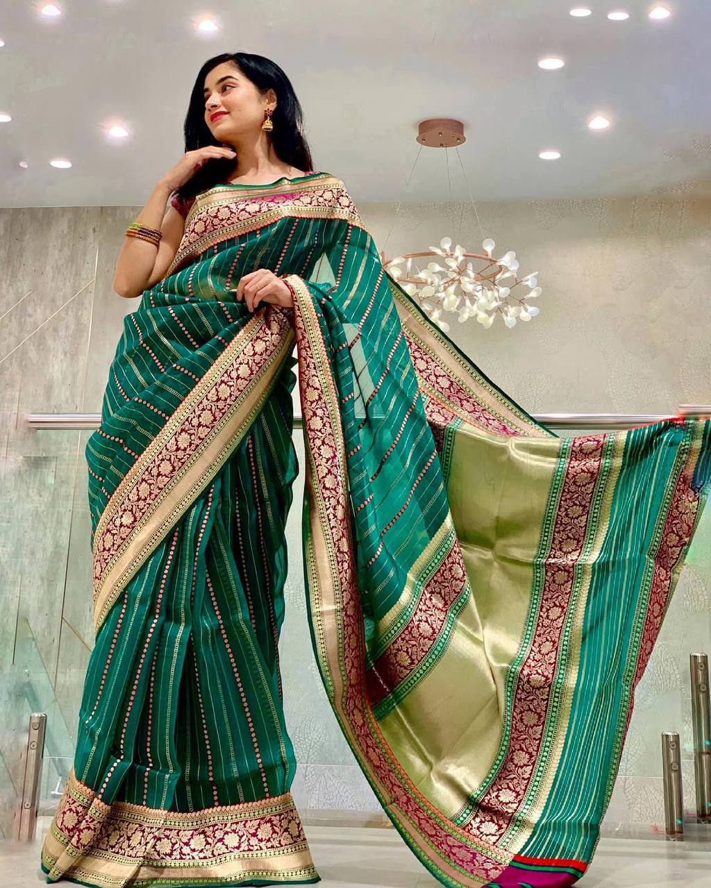 Elegant Green Silk Saree with Golden Zari Border and Pallu