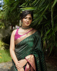 Elegant Green Banarasi Silk Saree with Golden Zari Work