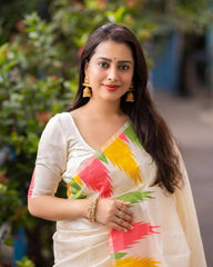 Elegant Off-White Cotton Saree with Multicolor Ikat Print