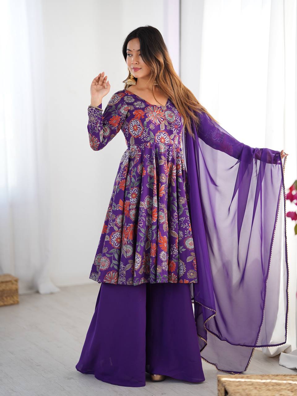 Olive Green Floral Anarkali with Palazzo and Dupatta