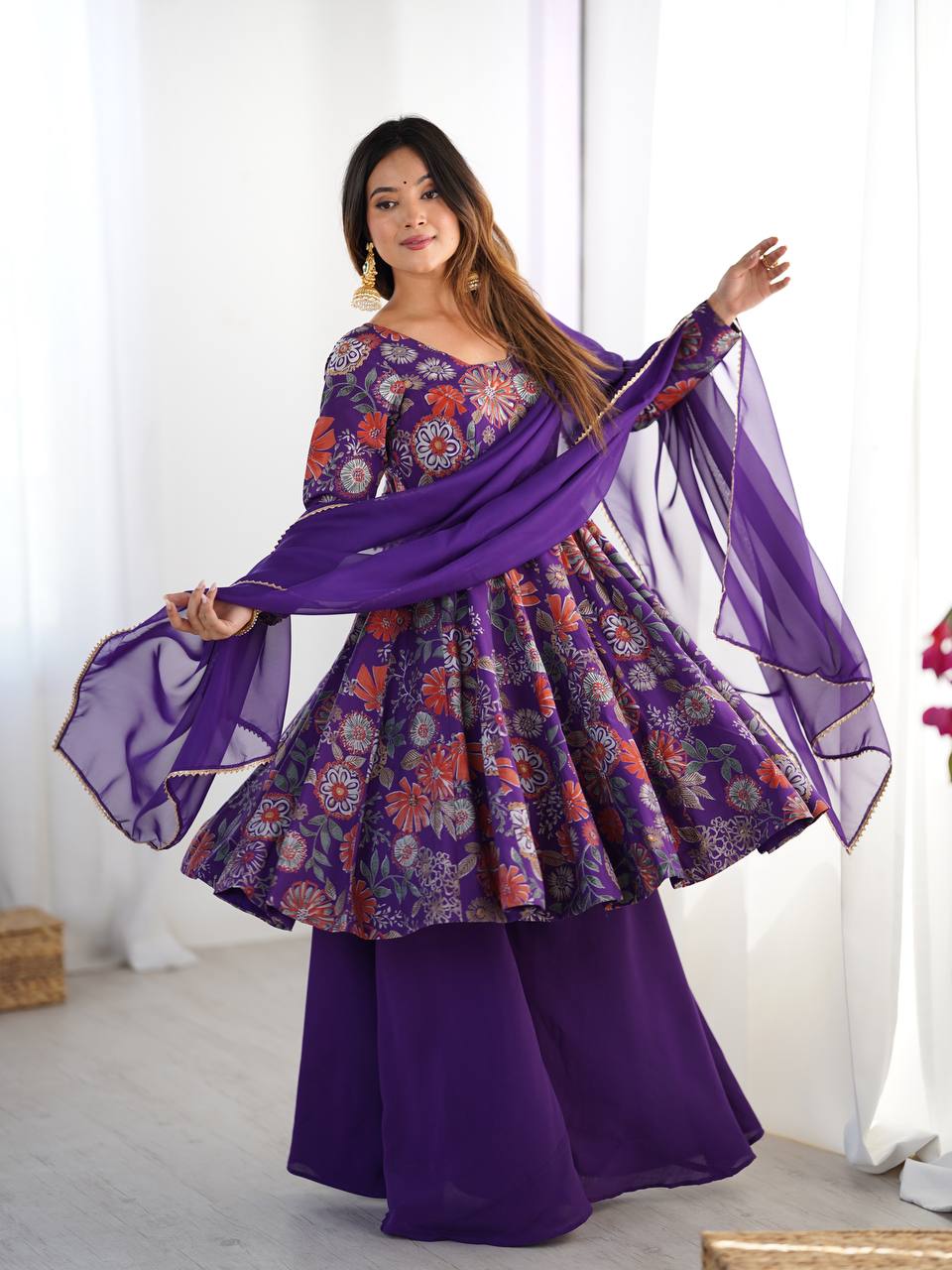 Olive Green Floral Anarkali with Palazzo and Dupatta