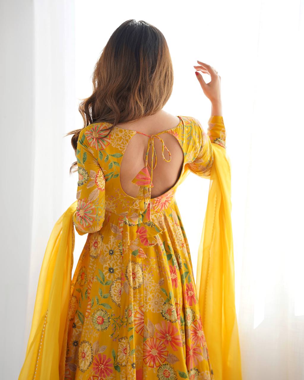 Olive Green Floral Anarkali with Palazzo and Dupatta