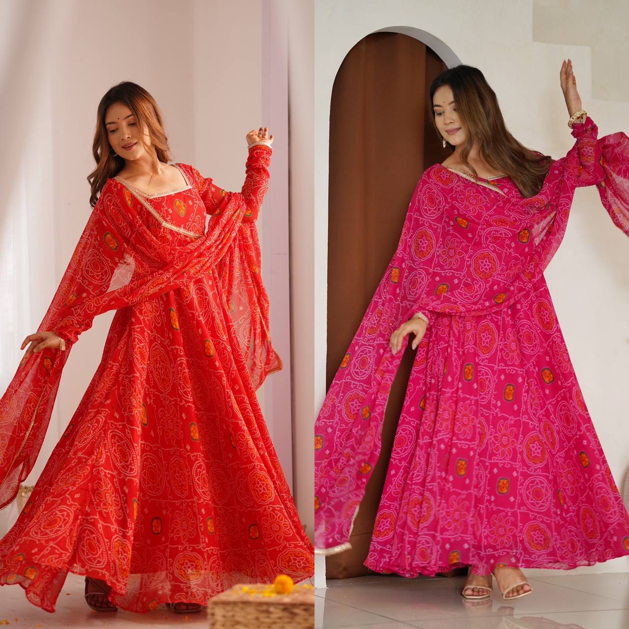 Bandhani Anarkali gown with Dupatta