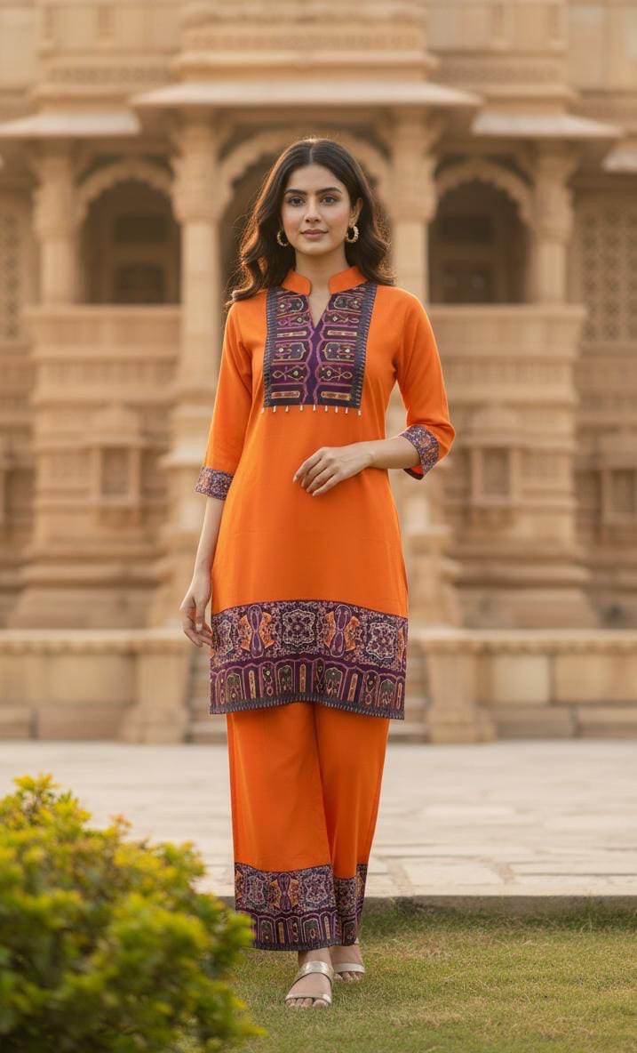 Vibrant Orange Printed 2-Piece Suit