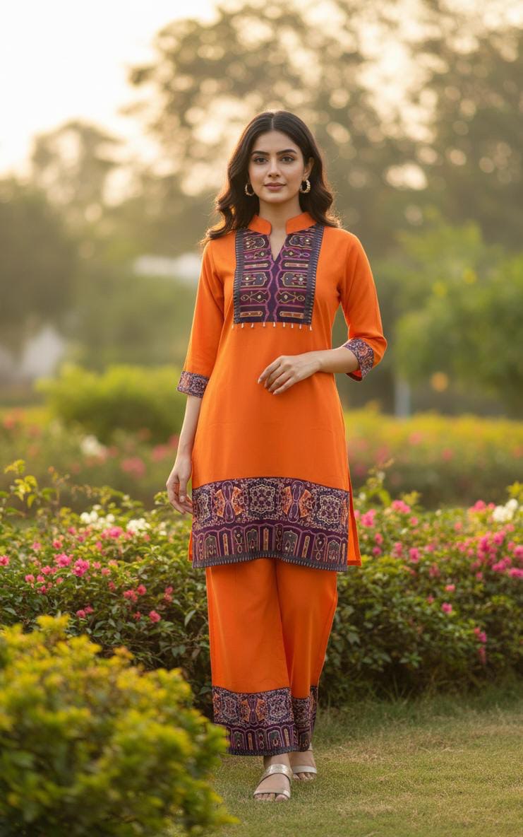 Vibrant Orange Printed 2-Piece Suit