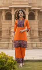 Vibrant Orange Printed 2-Piece Suit
