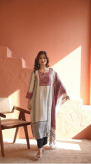 Elegant Cream Suit with Printed Dupatta and Black Trousers