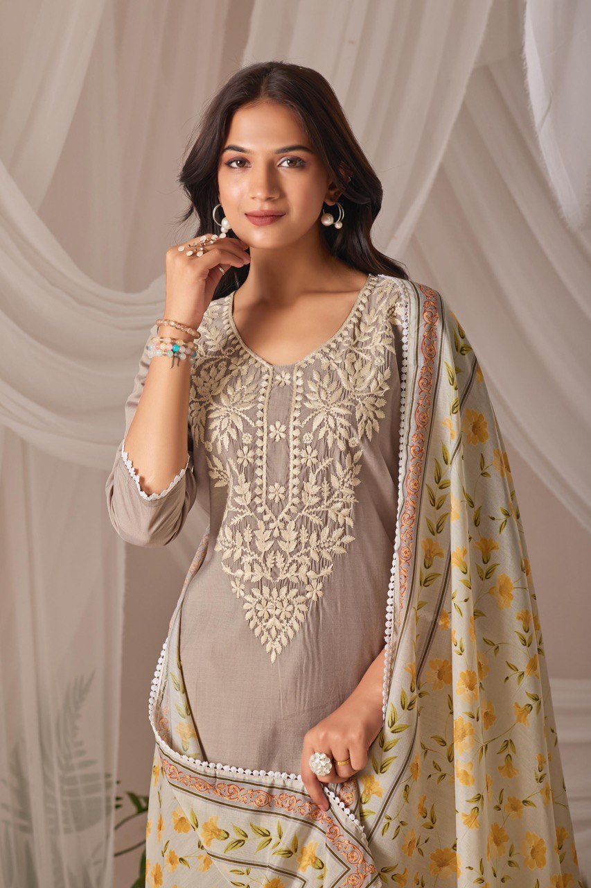 Lime Green Chanderi Silk Suit with Floral Dupatta & Pants