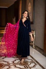 Royal Blue Velvet Angrakha Anarkali Set with Pink Dupatta
