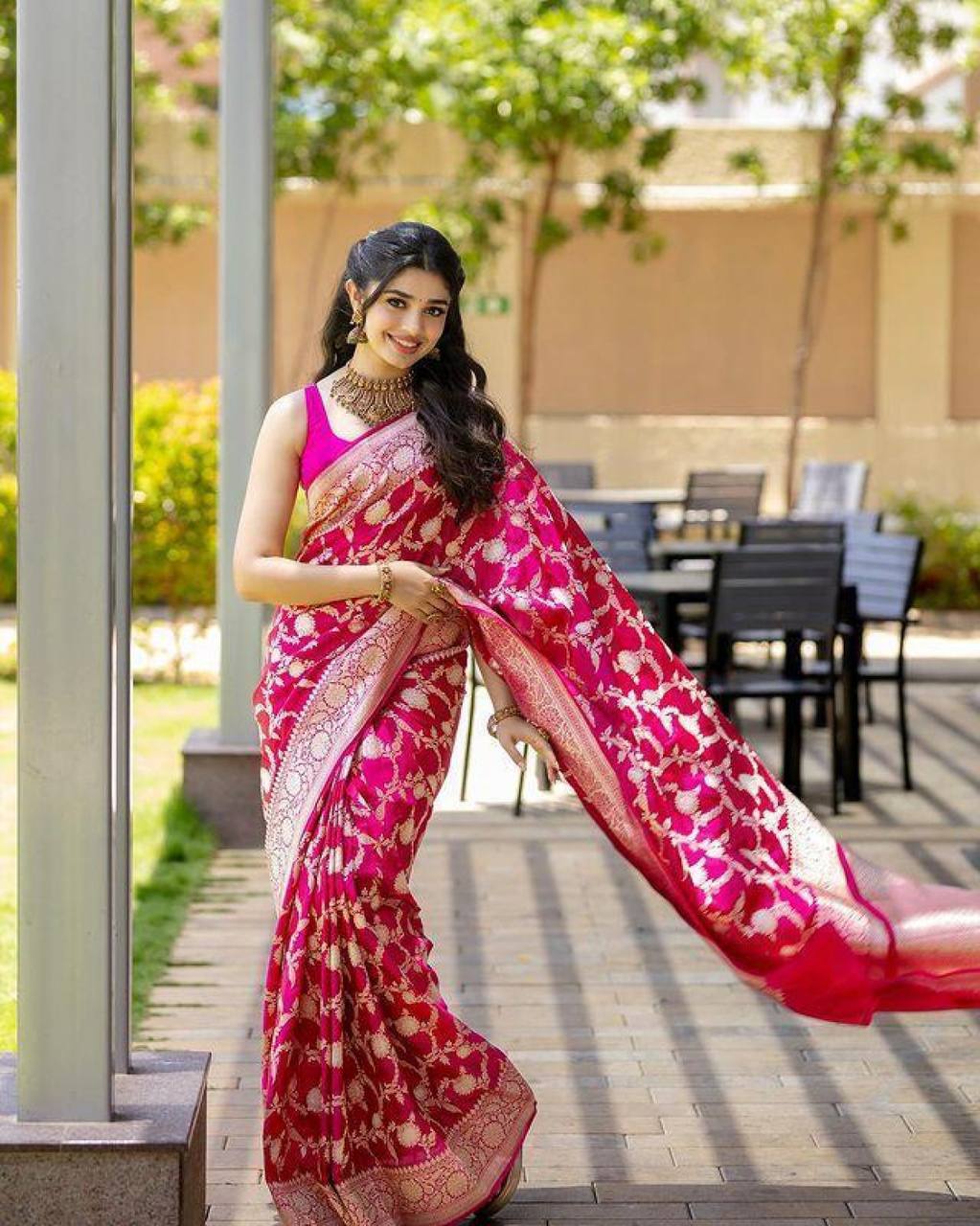 Elegant Pink Banarasi Silk Saree with Golden Zari Weaving and Designer Border