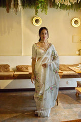 Ivory Floral Handpainted Organza Saree with Mirror Work Blouse