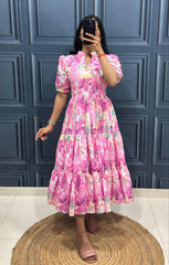 Vibrant Pink Floral Tiered Midi Dress