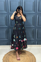 White Floral Print Midi Dress with Puff Sleeves