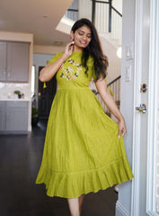 Lime Green Floral Embroidered Midi Dress