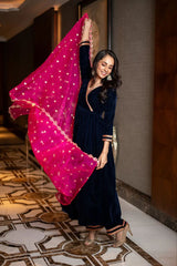 Royal Blue Velvet Angrakha Anarkali Set with Pink Dupatta