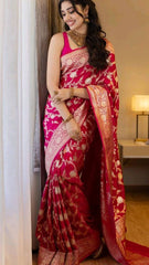 Elegant Pink Banarasi Silk Saree with Golden Zari Weaving and Designer Border