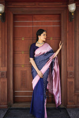 Navy Blue Banarasi Silk Saree with Pastel Pink Pallu