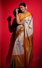 Traditional Look Gold and Beige Striped Saree Ready-to-Wear Silk Blend Ethnic Saree