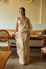 Ivory Floral Handpainted Organza Saree with Mirror Work Blouse