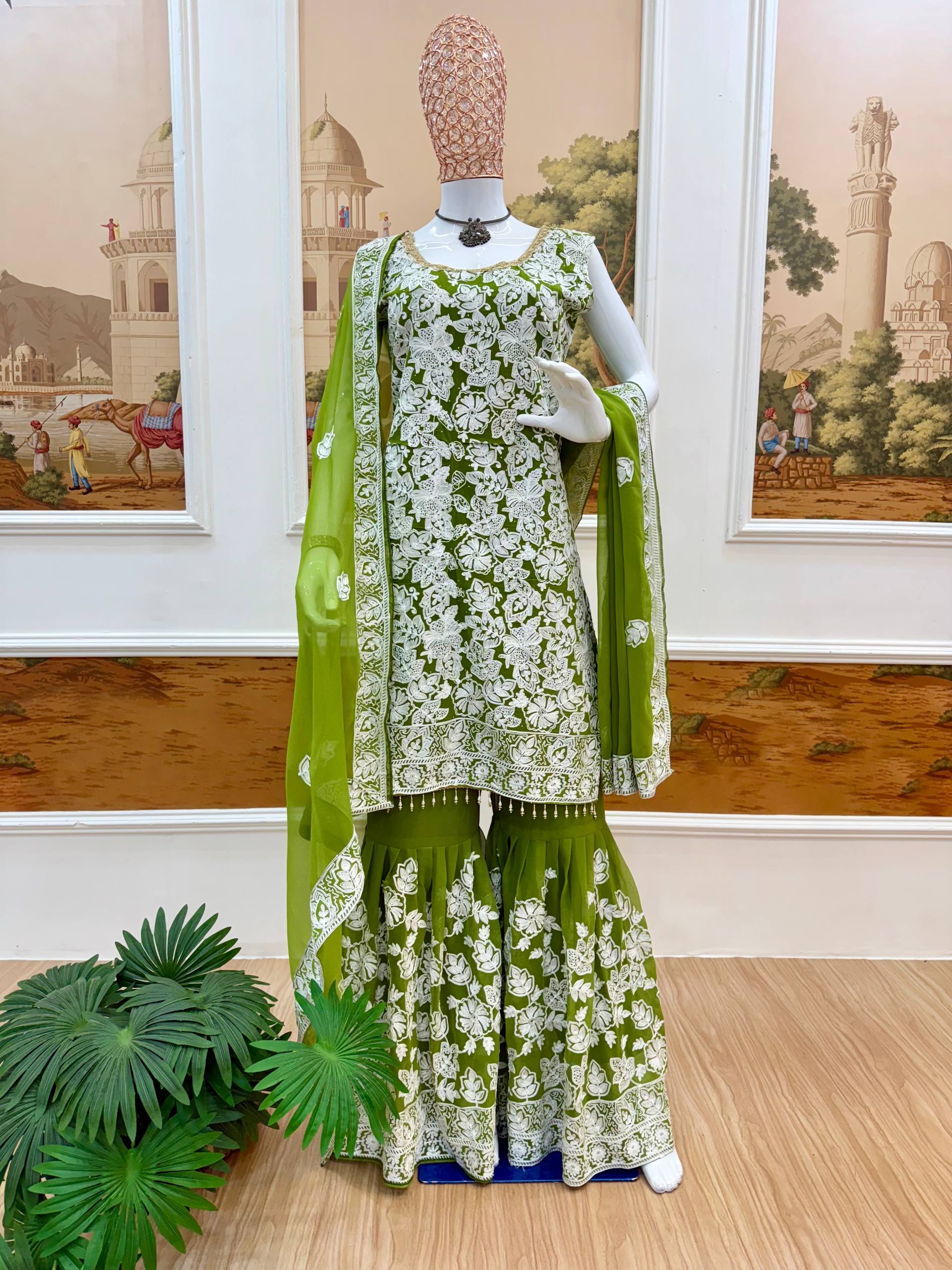 Elegant Red Sharara Suit with Intricate White Embroidery