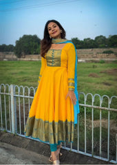 Festive Yellow Anarkali Suit with Blue Zari Border