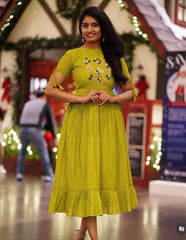 Lime Green Floral Embroidered Midi Dress