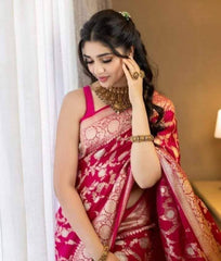 Elegant Pink Banarasi Silk Saree with Golden Zari Weaving and Designer Border