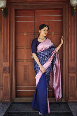 Navy Blue Banarasi Silk Saree with Pastel Pink Pallu