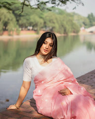 Simple and Stylish Soft Pink Saree with White Blouse Combination