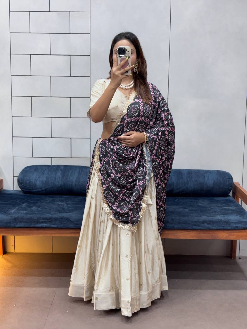 Festive ready in a silk lehenga and printed dupatta