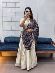 Festive ready in a silk lehenga and printed dupatta