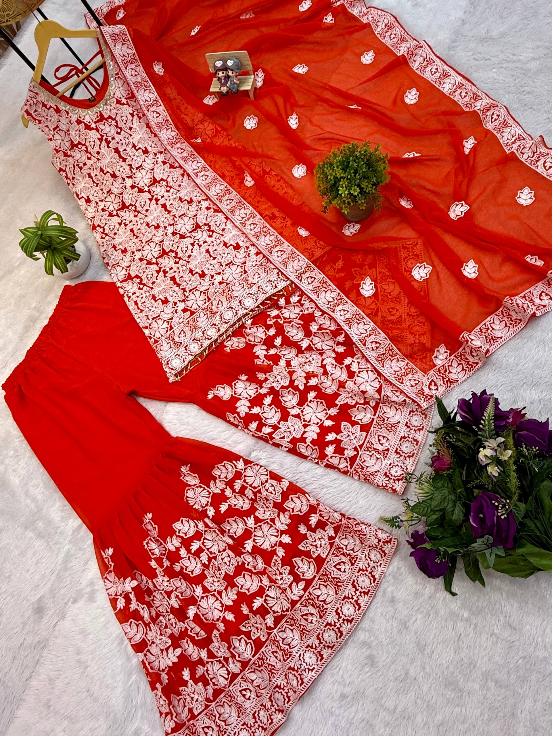 Elegant Red Sharara Suit with Intricate White Embroidery