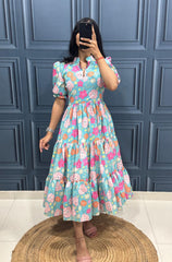 Vibrant Pink Floral Tiered Midi Dress