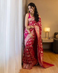 Elegant Pink Banarasi Silk Saree with Golden Zari Weaving and Designer Border