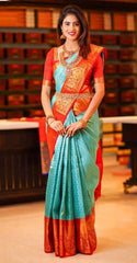 Stunning Aqua Blue and Coral Orange Silk Blend Kanjivaram Style Saree