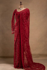 Heavy Red Sequined Net Saree.