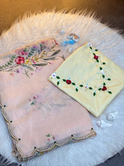 Ivory Floral Handpainted Organza Saree with Mirror Work Blouse